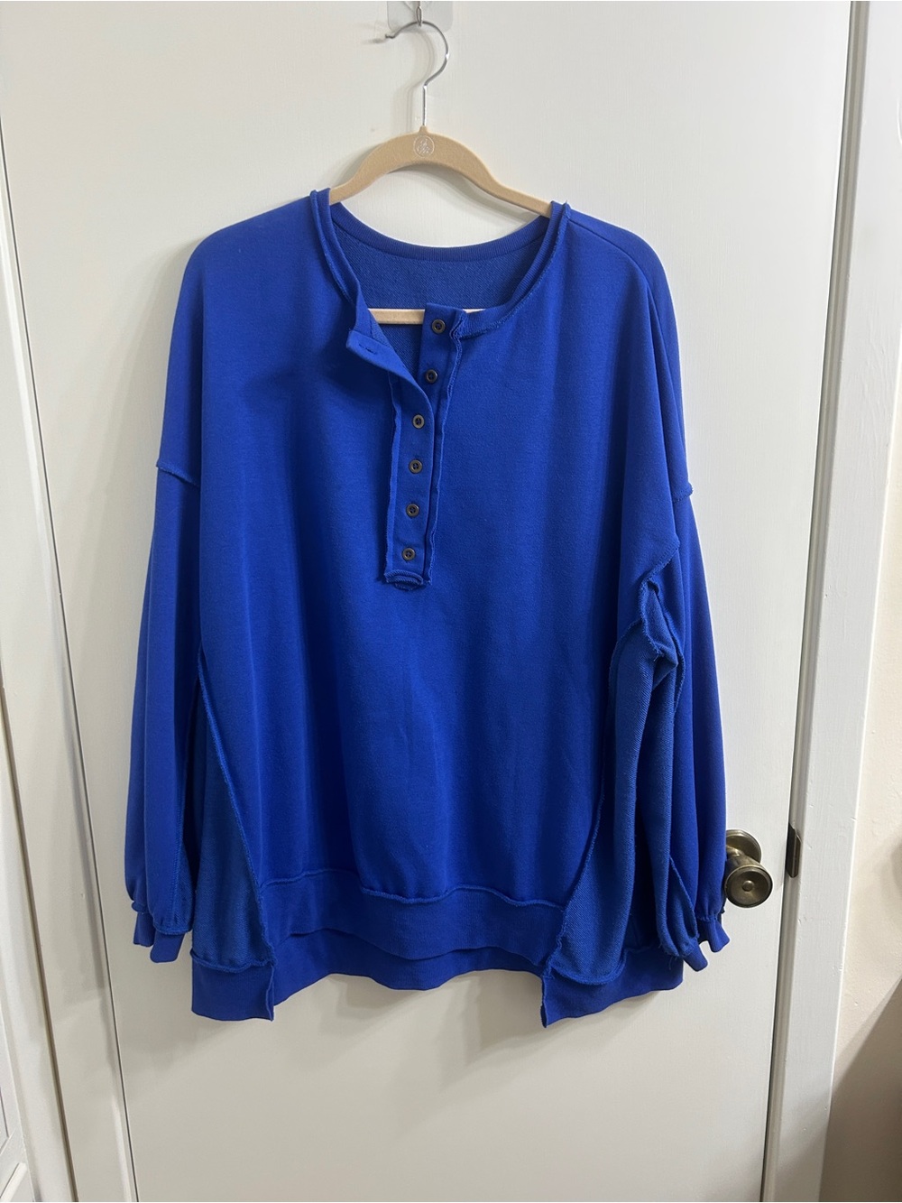 Women’s Blue Henley Sweatshirt - Casual Long Sleeve Pullover